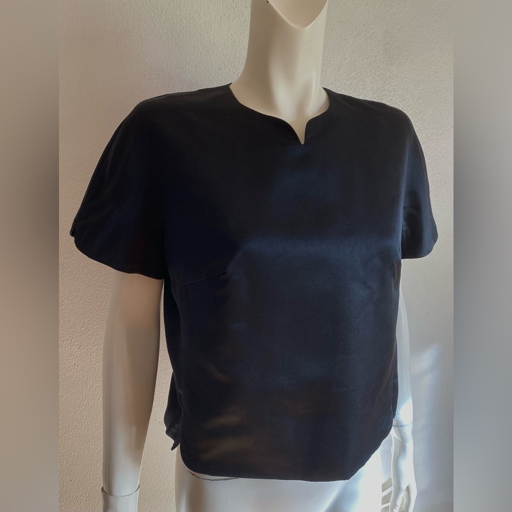 Vintage 1950s SATIN BLOUSE Top Black Metal Zipper Tailored Formal Evening 50’s